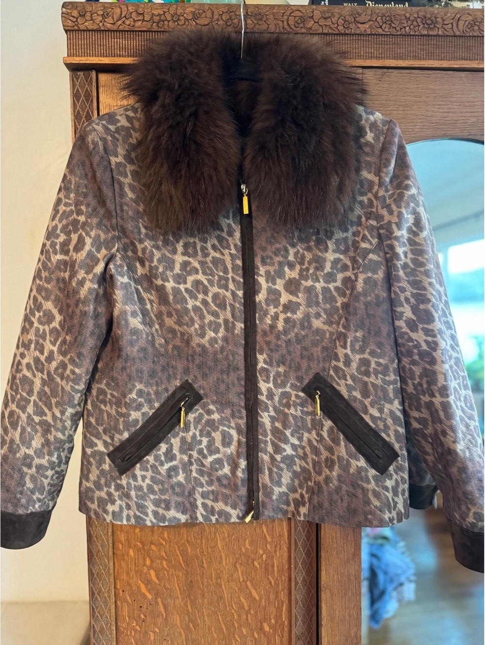 Vintage Les Copains Italian Designer Leopard Print Fur Collar Jacket Coat US 10
